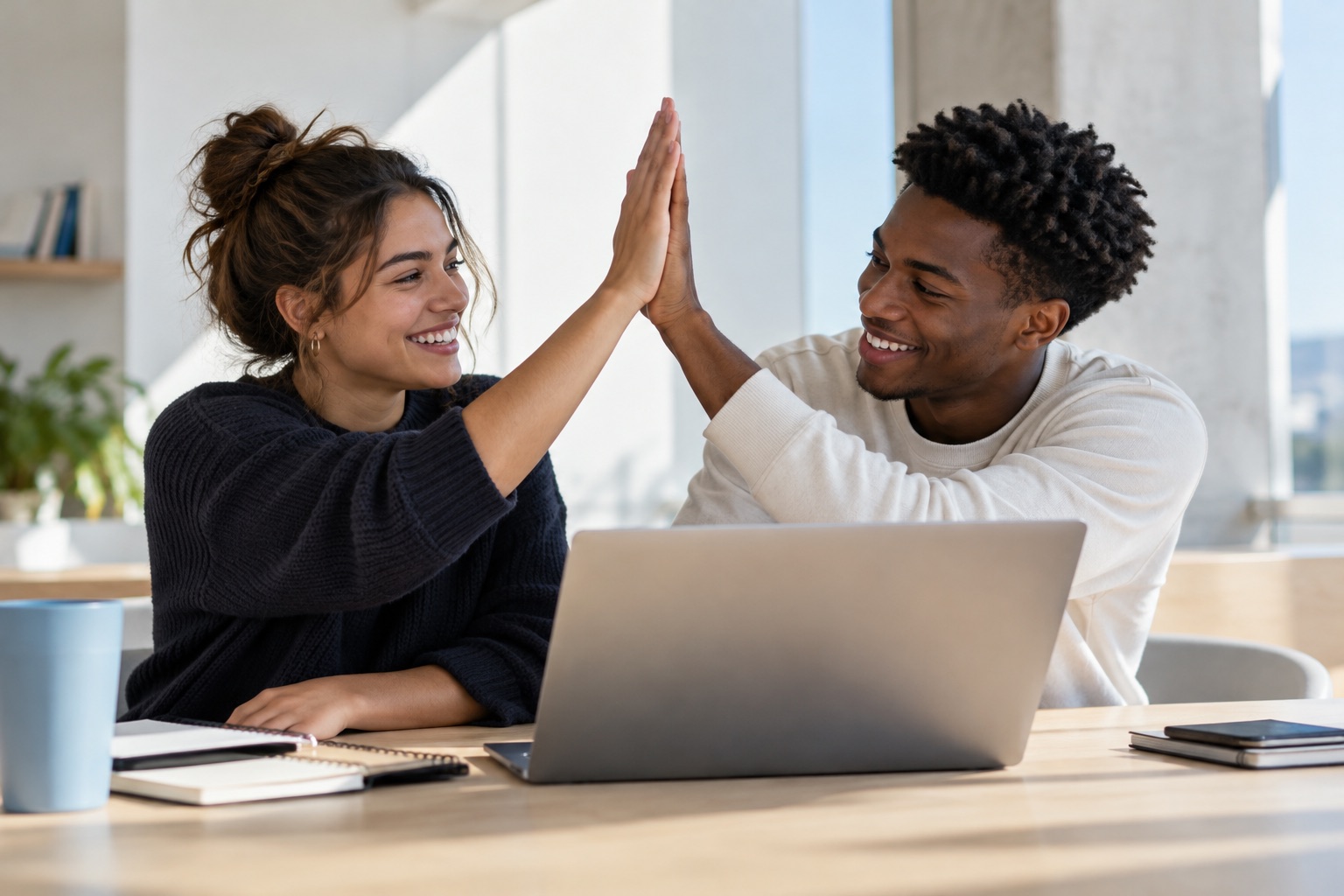 Two young founders celebrating progress while working together