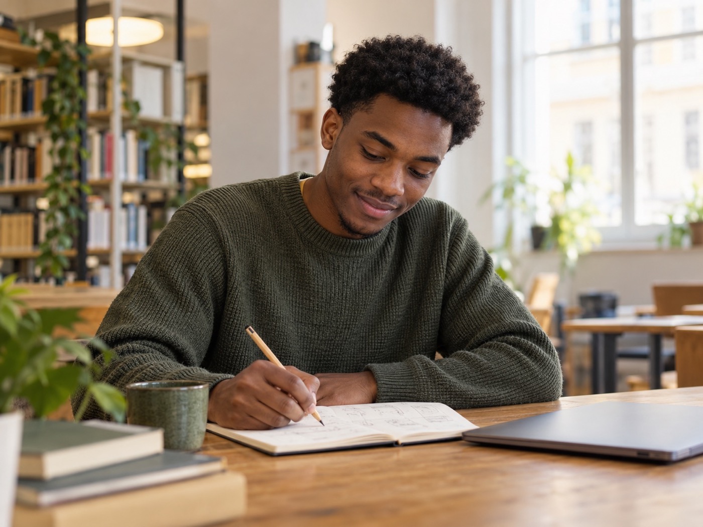 A young aspiring founder developing an idea in a notebook